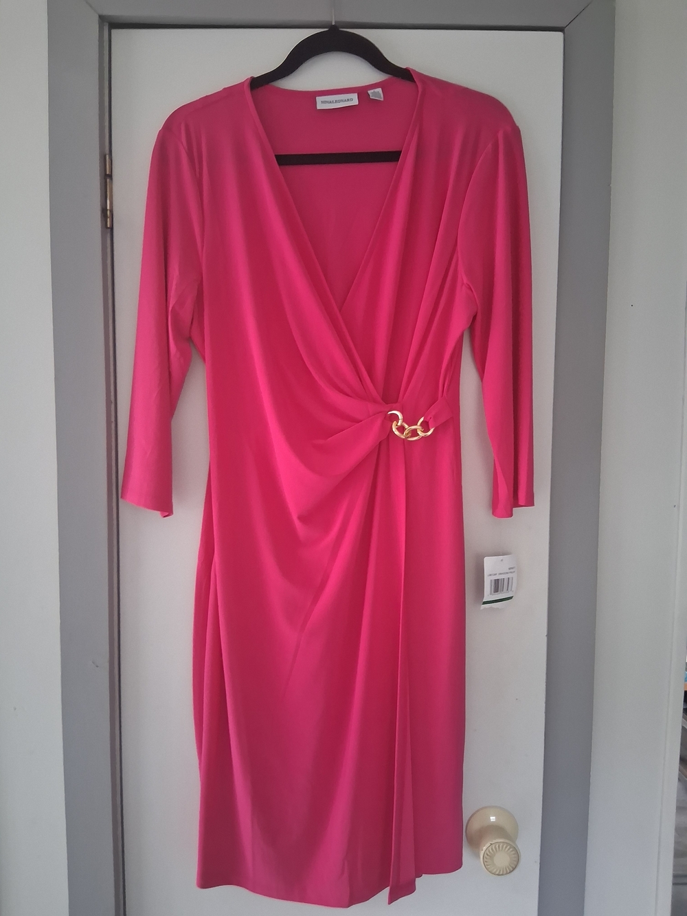 Nina Leonard Hot Pink Wrap Midi Dress with Gold Chain
